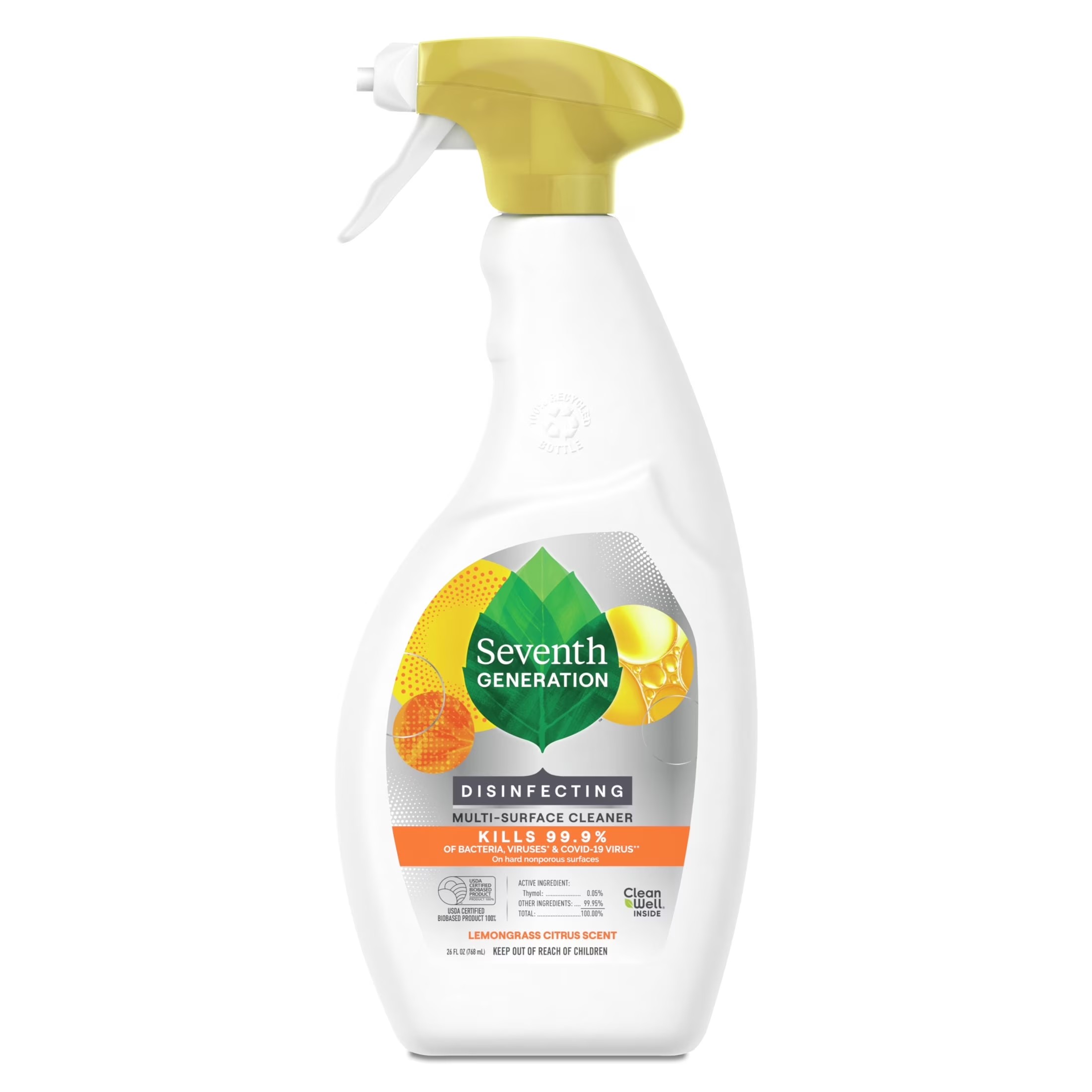 Seventh Generation Disinfecting Multi-Surface Cleaner Spray for High-Touch Areas, Lemongrass Citrus, 26 fl oz